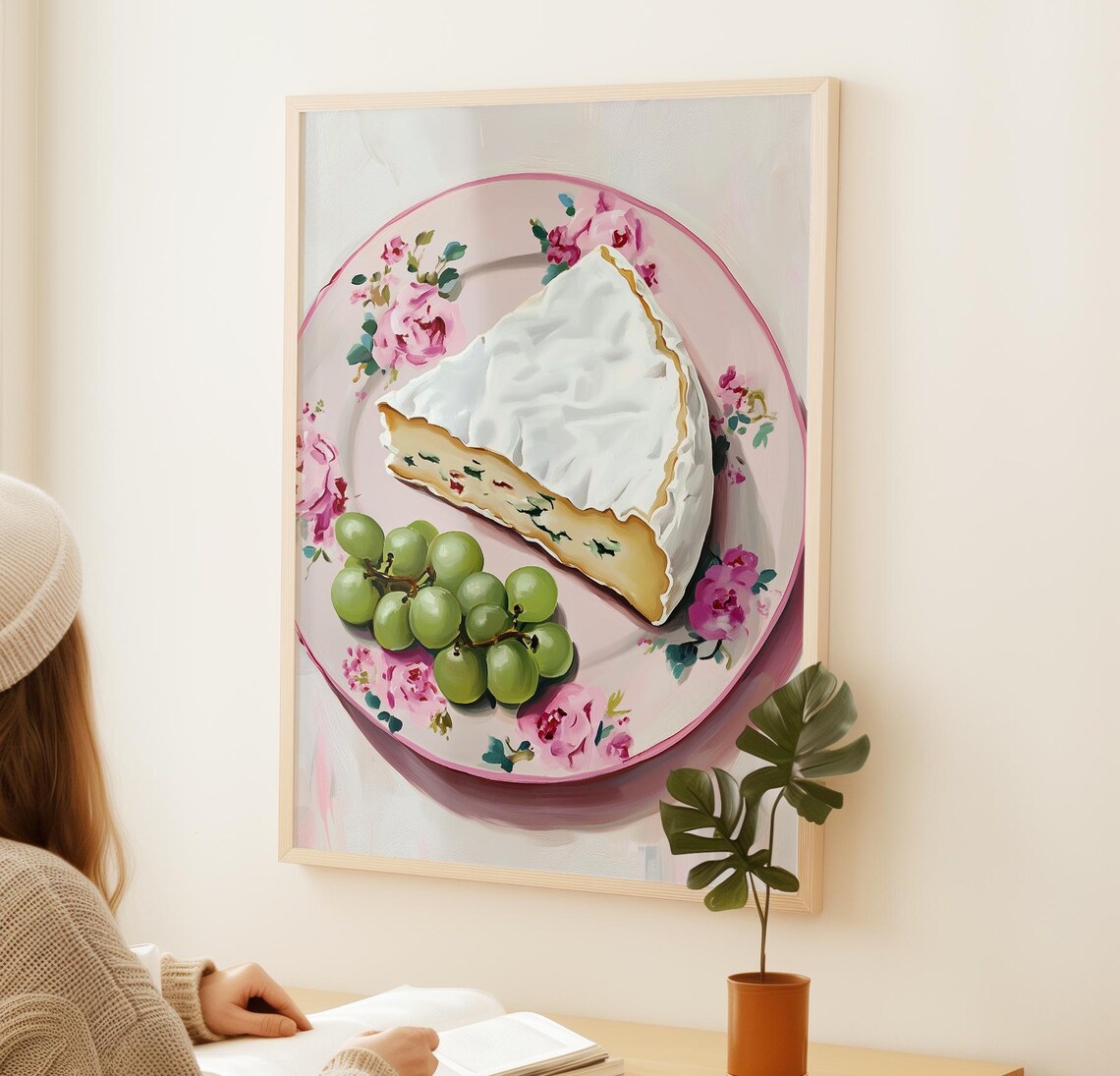 Brie Cheese Wedge Grapes Floral Plate Gourmet Still Life Wall Poster - Image 2