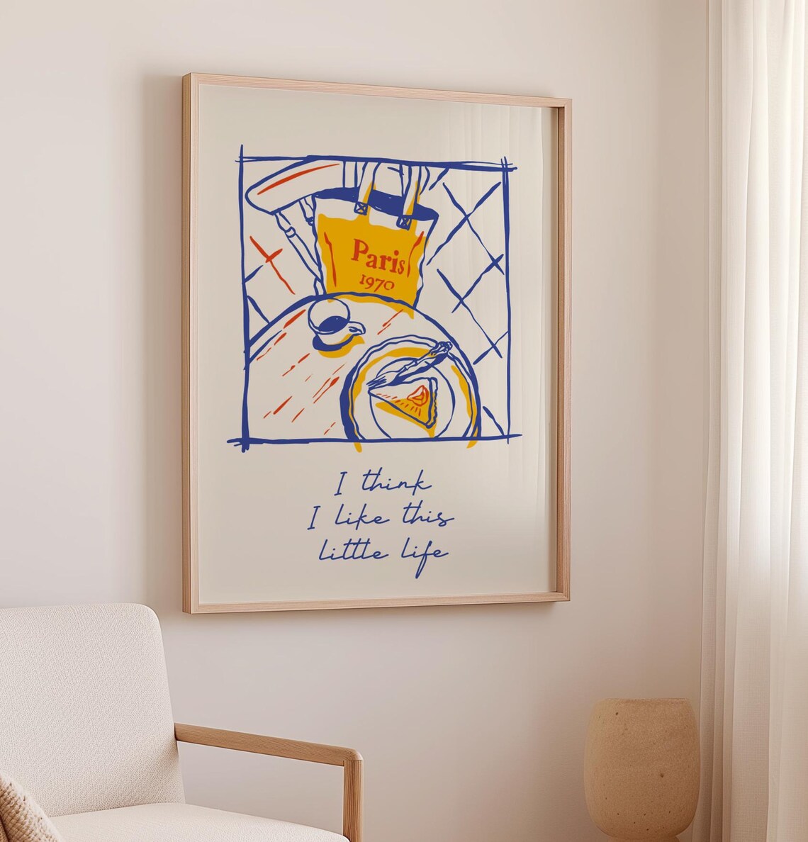 Paris 1970 Tote Bag Blue Sketch Little Life Quote Retro Travel Poster - Image 3