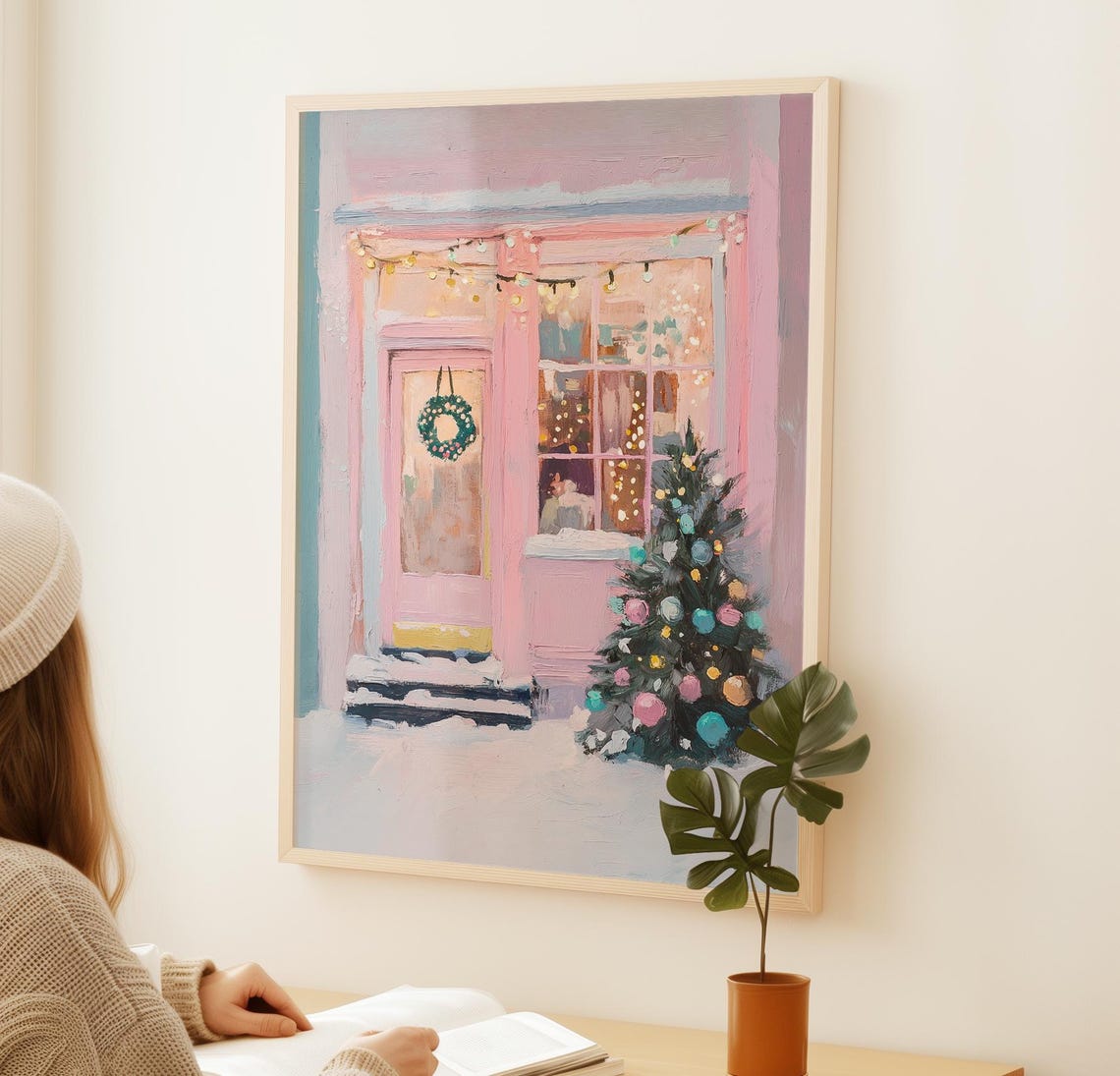 Snowy Pink Coffee Shop Storefront With Wreath Christmas Art Poster - Image 3