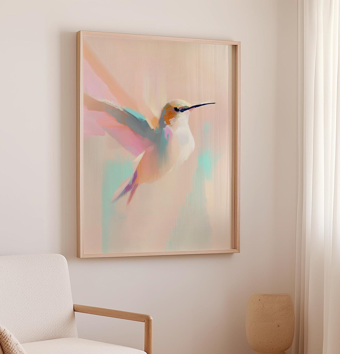 Hummingbird In Flight Pastel Watercolor Bird Painting Poster - Image 2