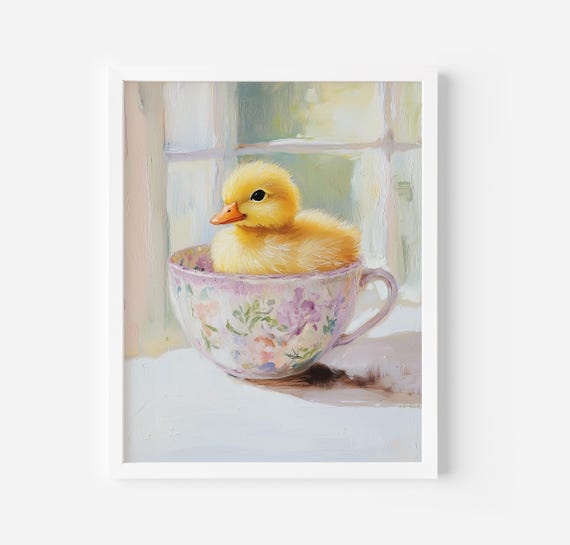 Duck In A Cup Art Print Vintage Art Duck Trendy Decor Animal Wall Art Duckling Wall Art Cute Nursery Decor