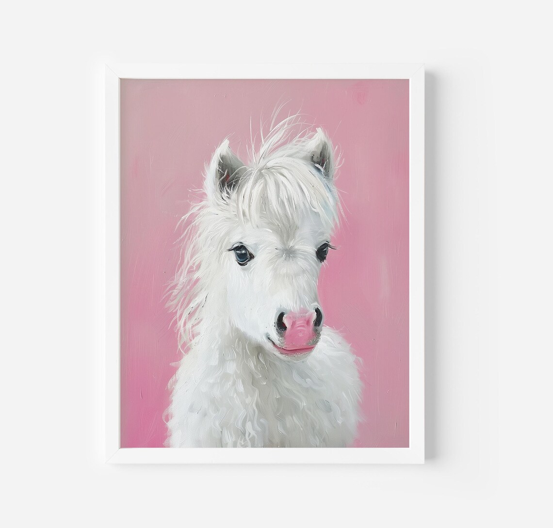 Fluffy White Pony Portrait On Pink Background Farmhouse Poster