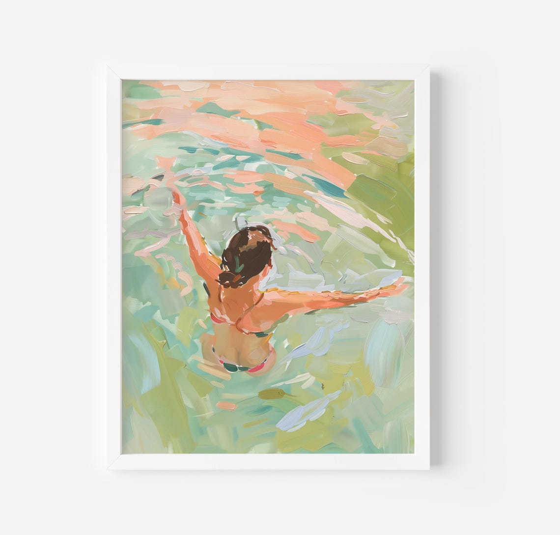 Woman In The Ocean Painting Pool Print Beach House Decor Acrylic Painting Coastal Summer Dip Girl Swimming Lake Swimming Print
