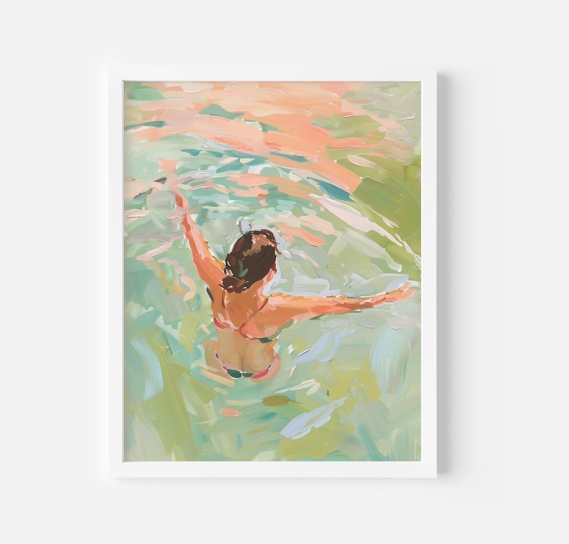 Woman Swimming In The Ocean Aerial Summer Water Painting Poster