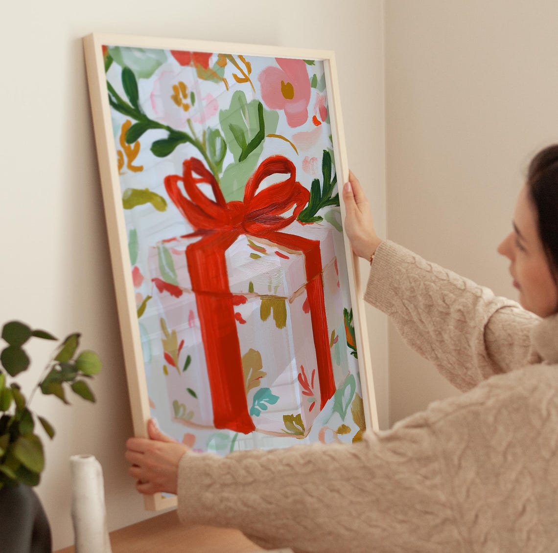 Wrapped Floral Gift Box Red Satin Ribbon Bow Botanical Art Poster - Image 3