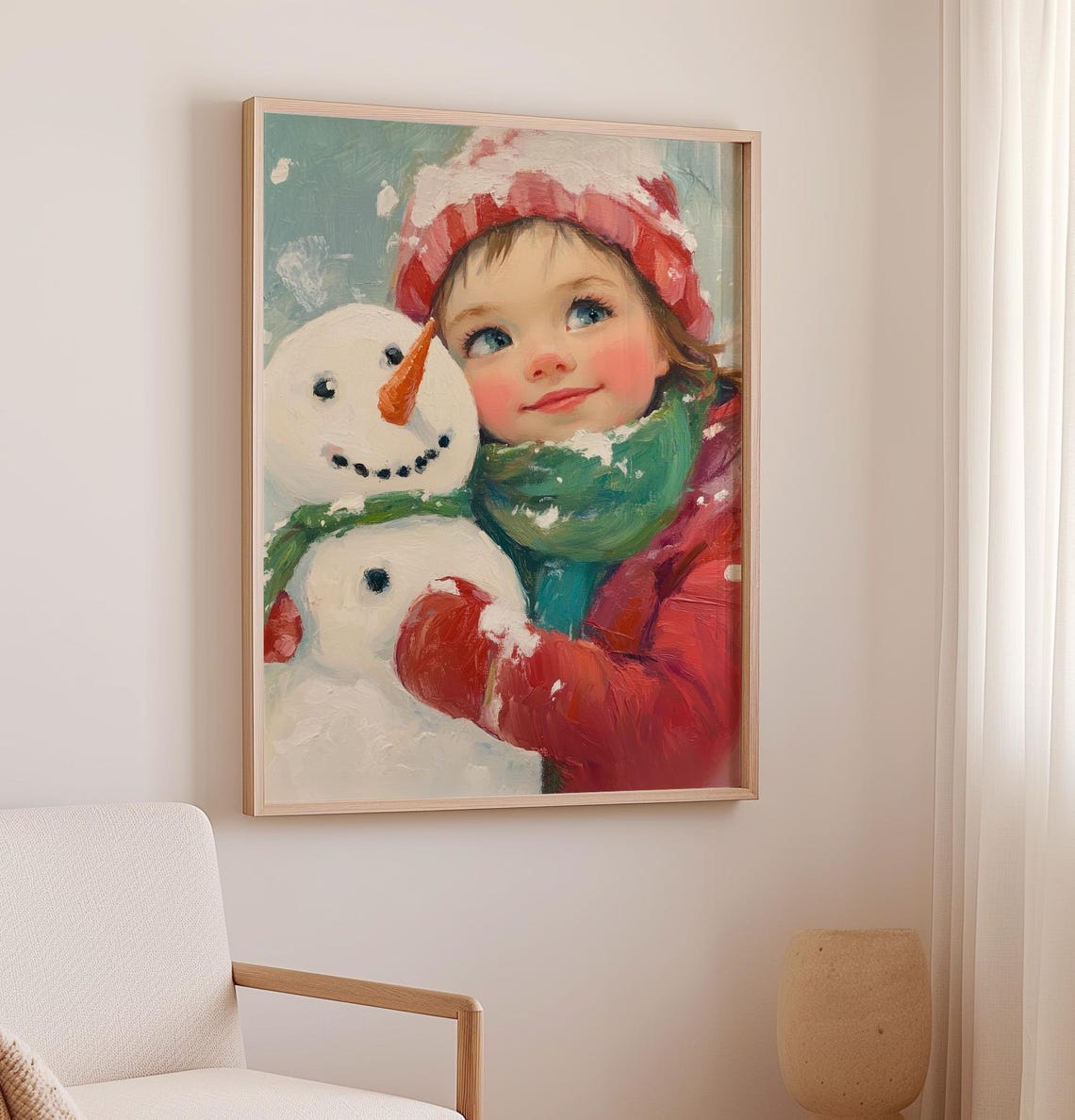 Christmas Art Print Little Girl And Snowman Holiday Girls Room Decor Trendy Christmas Art Winter Painting Snowman Wall Art Nursery Art - Image 2