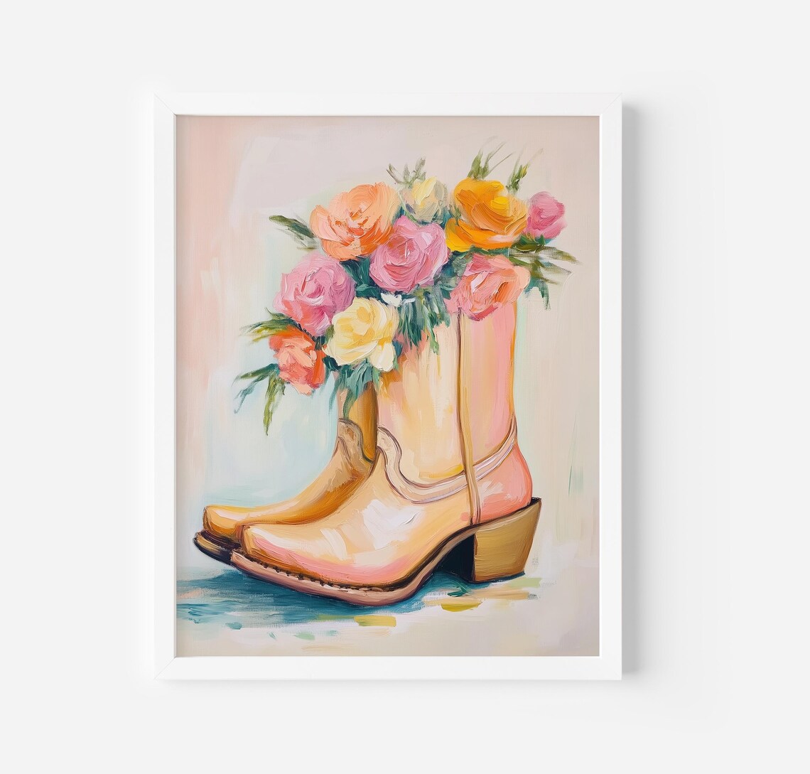 Cowboy Boots Bouquet of Roses Western Floral Oil Painting Poster