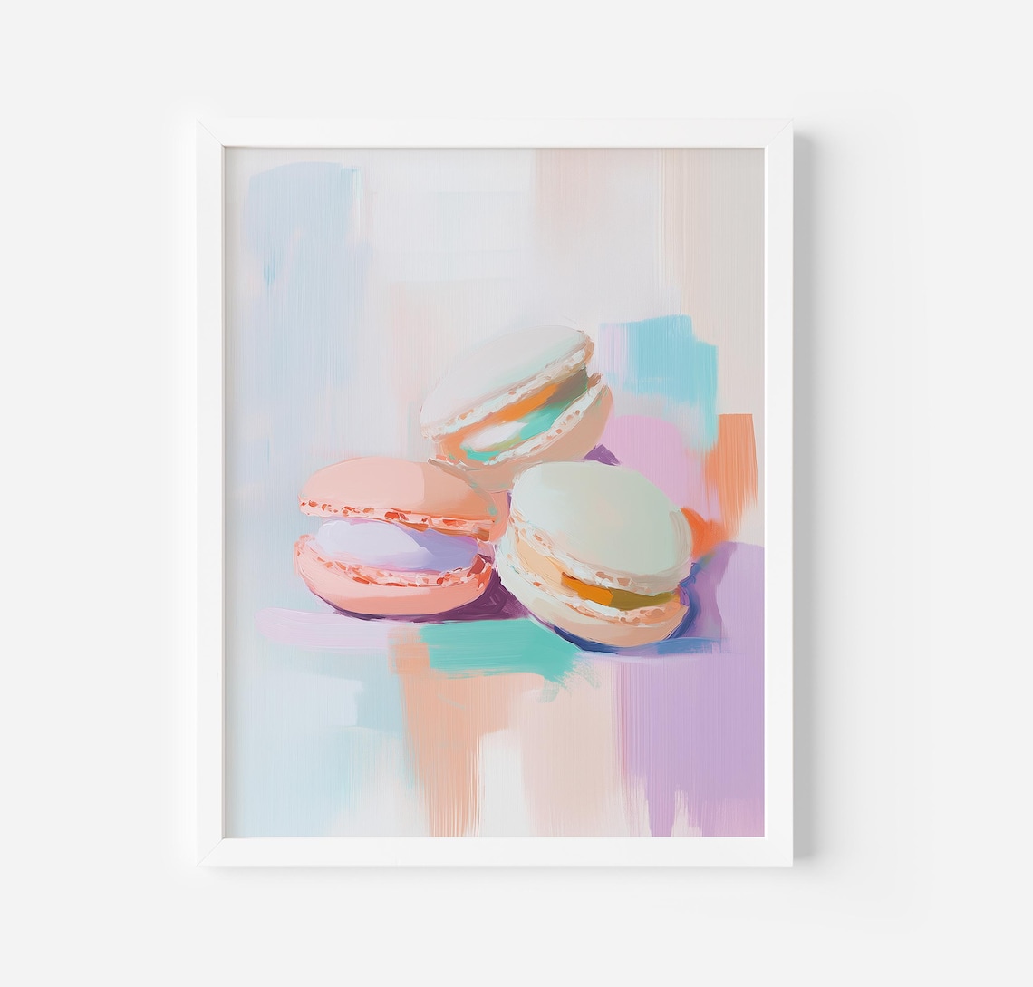 French Macarons Pastel Dessert Watercolor Painting Kitchen Poster