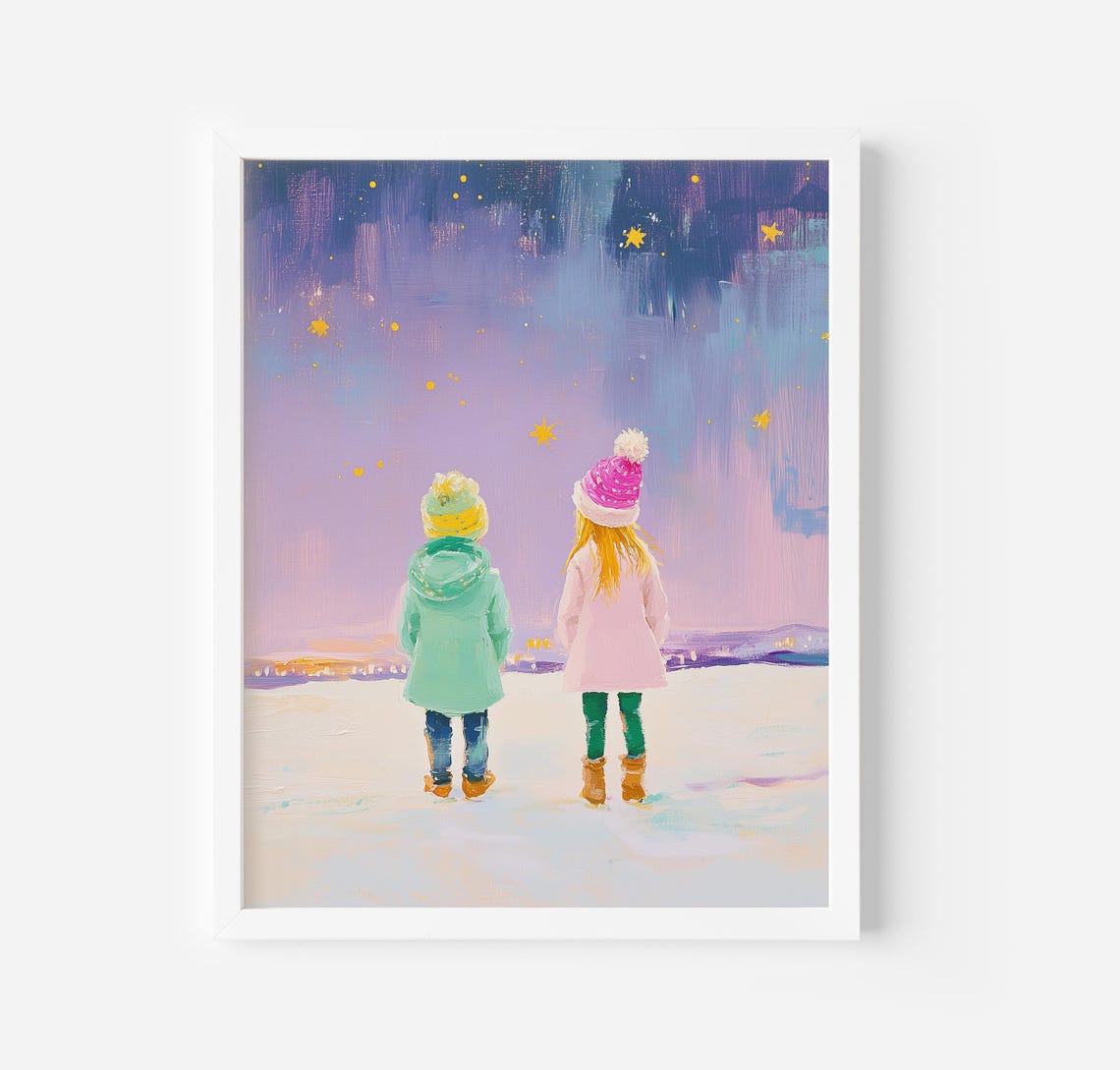 Brother And Sister Winter Painting Kids Room Wall Art Print Nursery Playroom French Style Wall Art Soft Colours Print