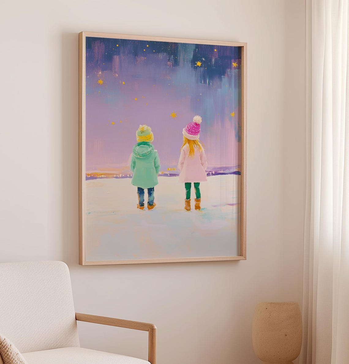 Brother And Sister Watching Winter Night Sky Snow Art Poster - Image 2