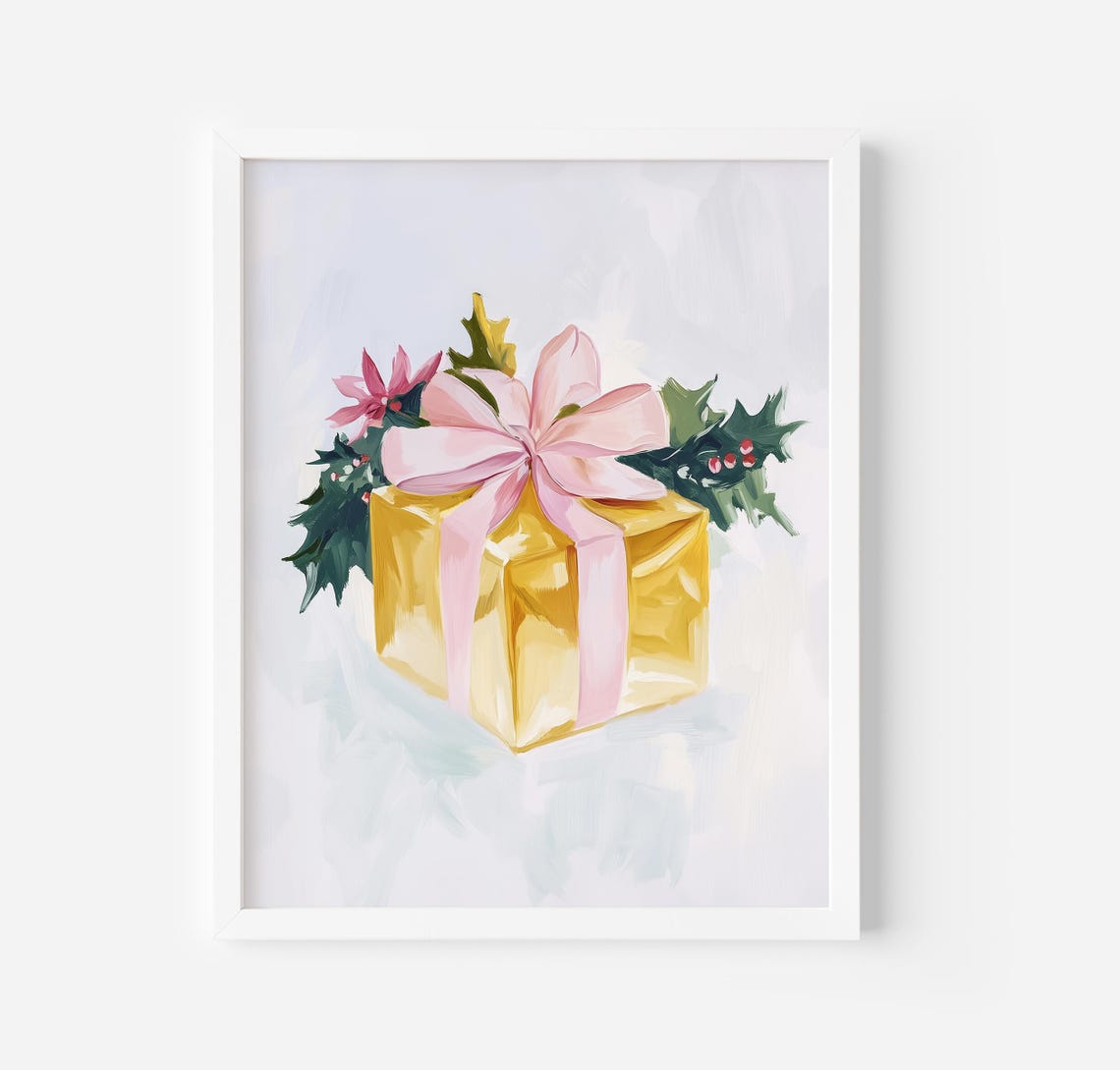 Gold Gift Box With Pink Bow Holly And Poinsettia Christmas Poster