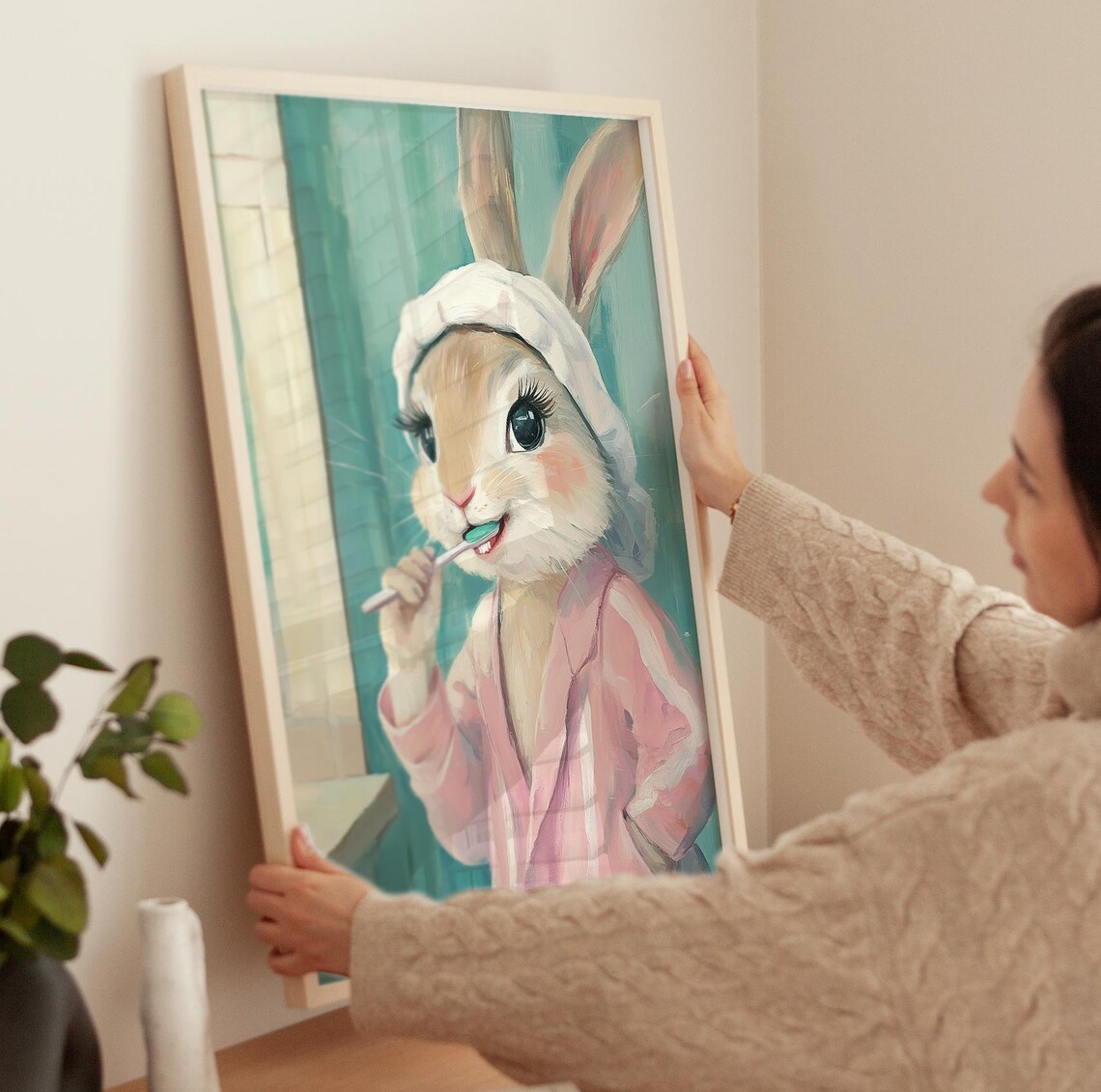 Cute Bunny Brushing Teeth Pink Bathrobe Adorable Bathroom Animal Poster - Image 4