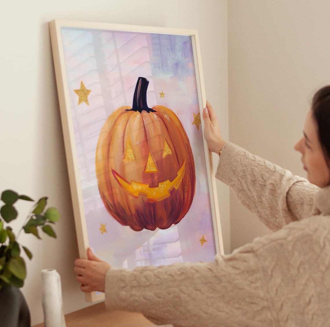 Cute Jack O Lantern Pastel Halloween Pumpkin With Gold Stars Poster - Image 3