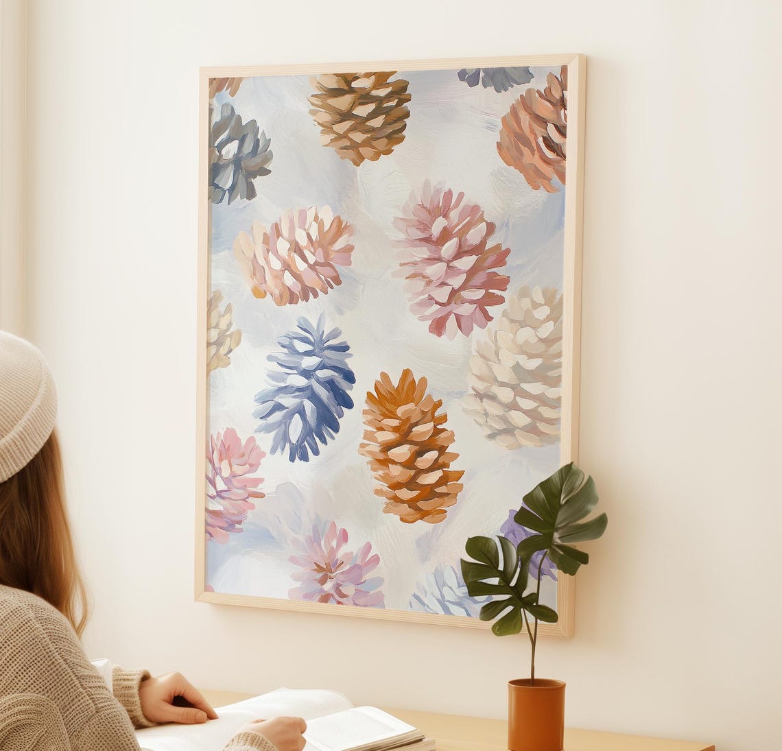 Pastel Pinecones Winter Pattern Pink Blue Holiday Art Poster - Image 3