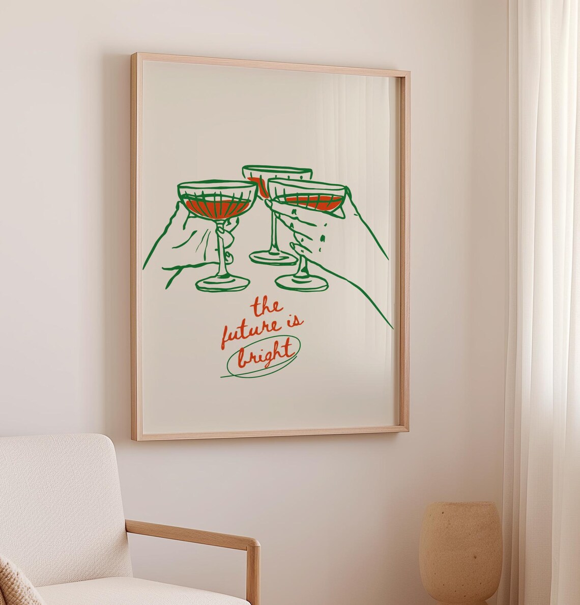 The Future Is Bright Print Champagne Toast Green Line Art Bar Wall Poster - Image 3