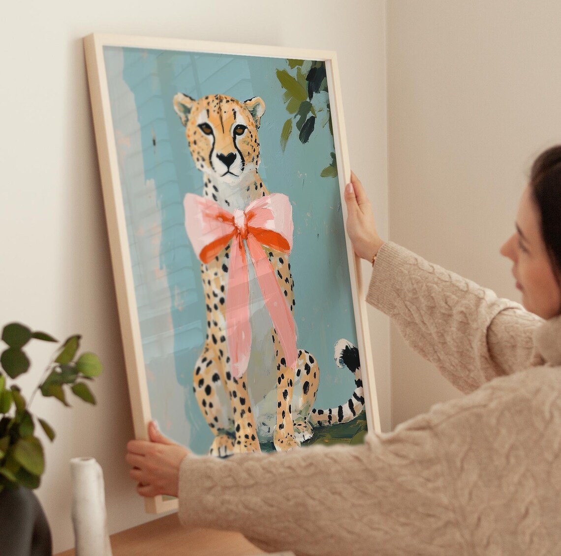 Cheetah Wearing Giant Pink Bow Coquette Jungle Cat Painting Poster - Image 3