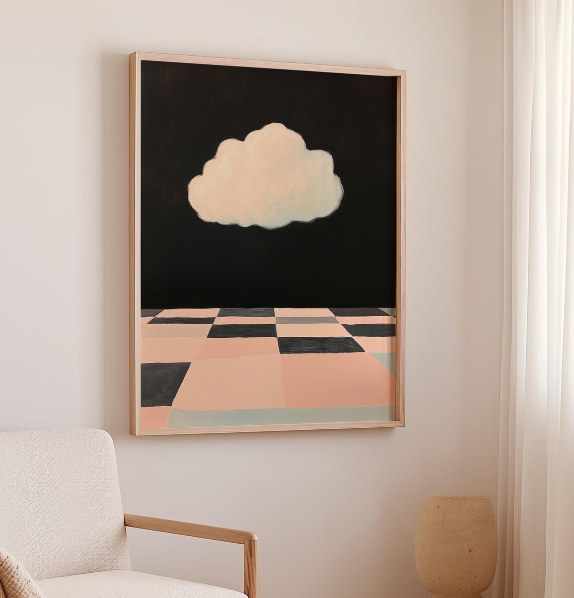 Pink Cloud in Black Night Sky Over Checkered Floor Surreal Art Poster - Image 2
