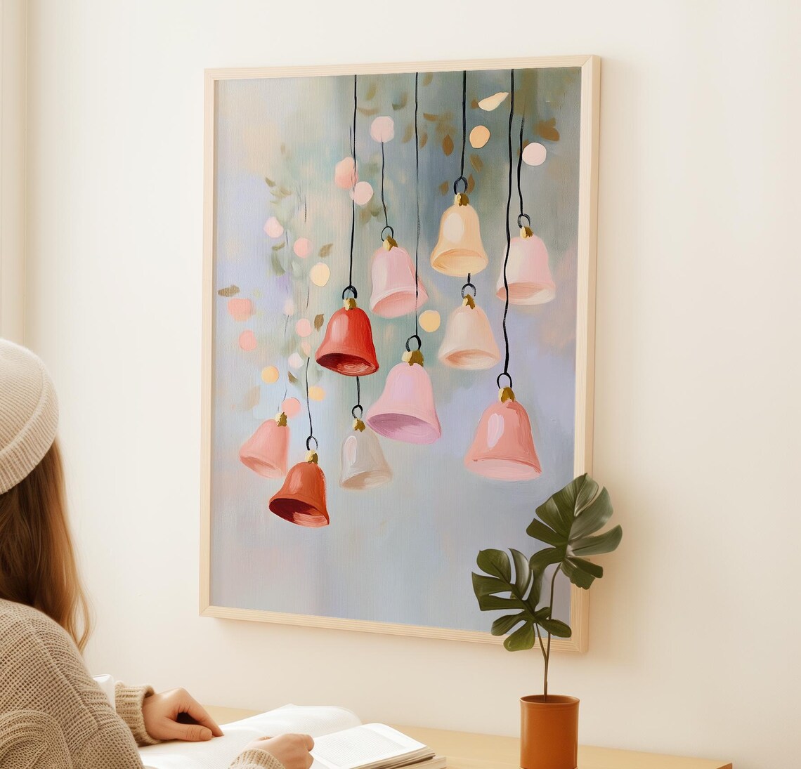 Christmas Bells Painting With Holly, Vintage Holiday Print - Image 2