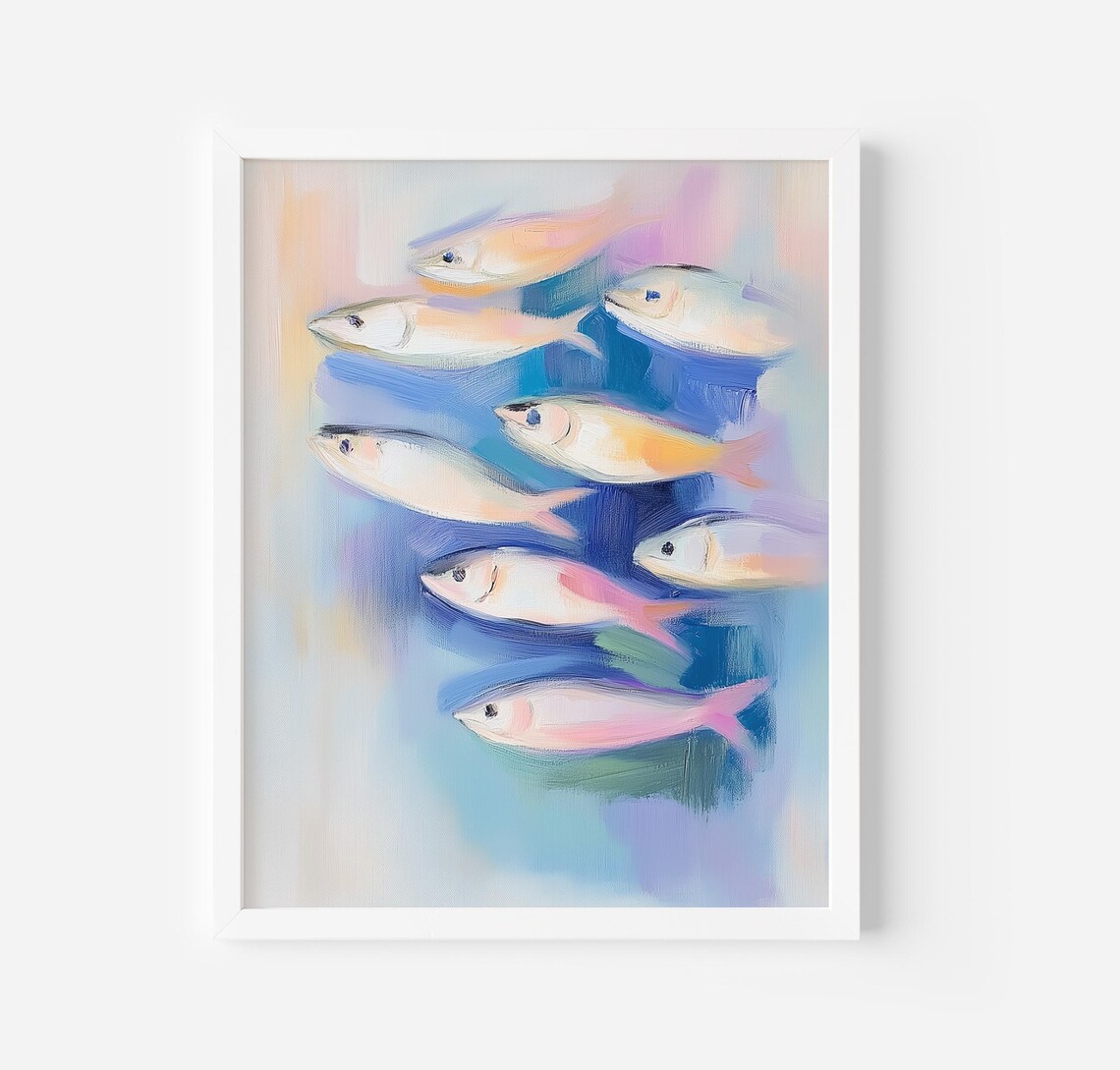Pastel School of Fish Blue Water Painterly Ocean Sea Art Poster