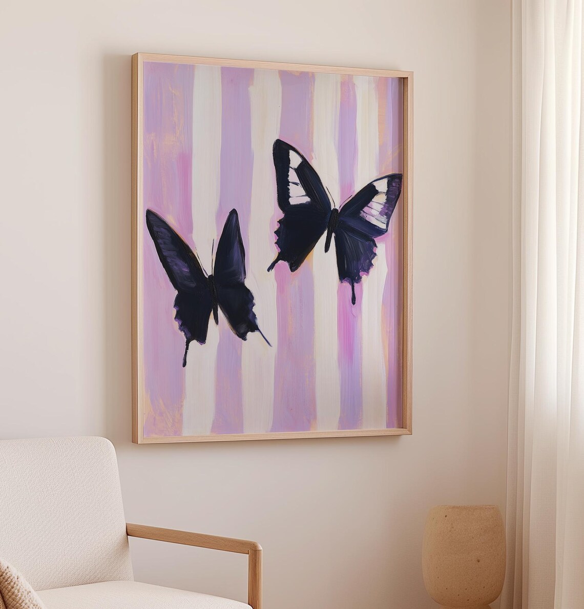 Two Elegant Black Butterflies On Lavender Stripes Art Poster - Image 2