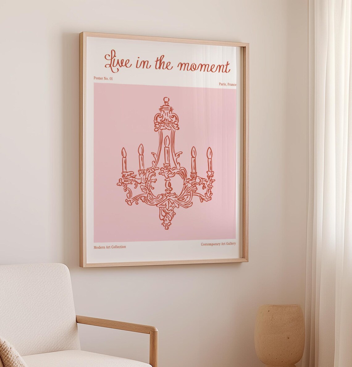 Live in the Moment Pink Chandelier Line Art Trendy French Quote Wall Poster - Image 3