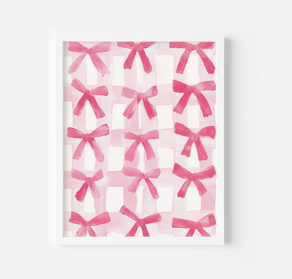 Pink Bows Grid On Gingham Pattern Coquette Room Wall Art Poster
