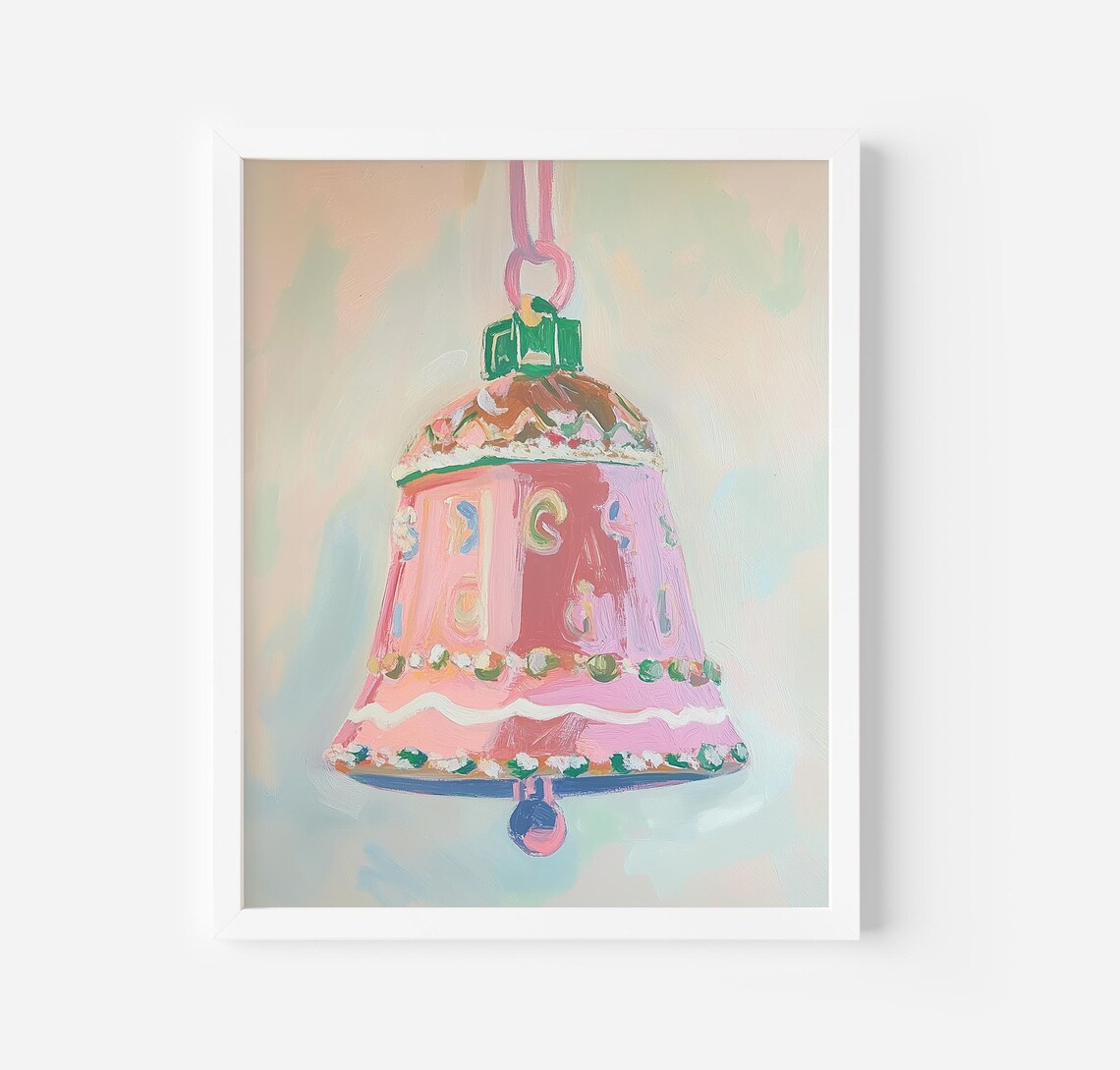 Pink Christmas Bell Ornament Painting Pastel Holiday Art Poster - Image 3