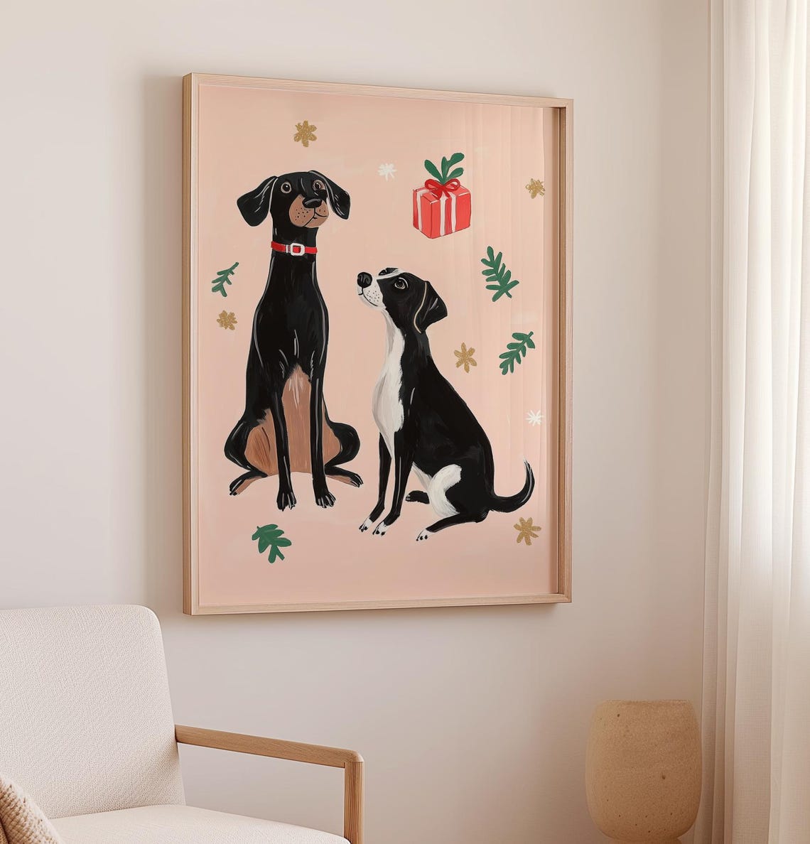 Two Black Dogs With Christmas Gift On Pink Background Art Poster - Image 2