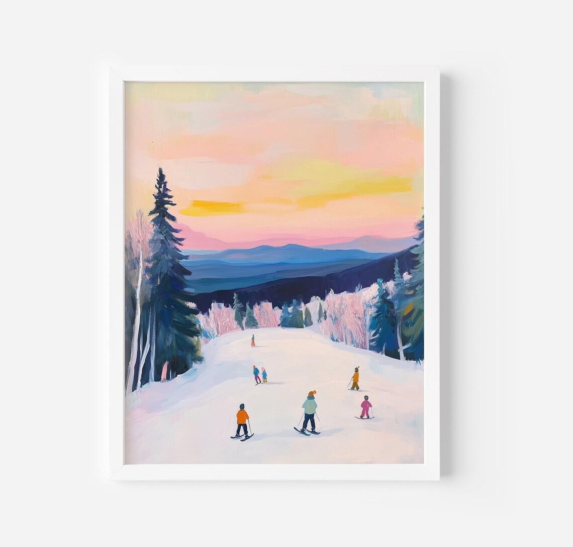 Snowy Mountain Sunset Painting, Winter Ski Slope Art