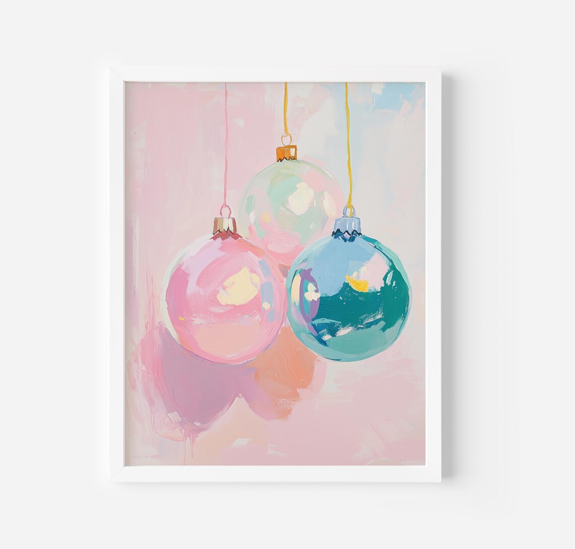 Christmas Ornaments Art Print, Pastel Winter Holiday