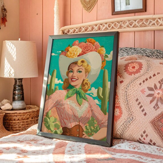 Retro Cowgirl With Flower Hat In Cactus Desert Pin Up Art Poster