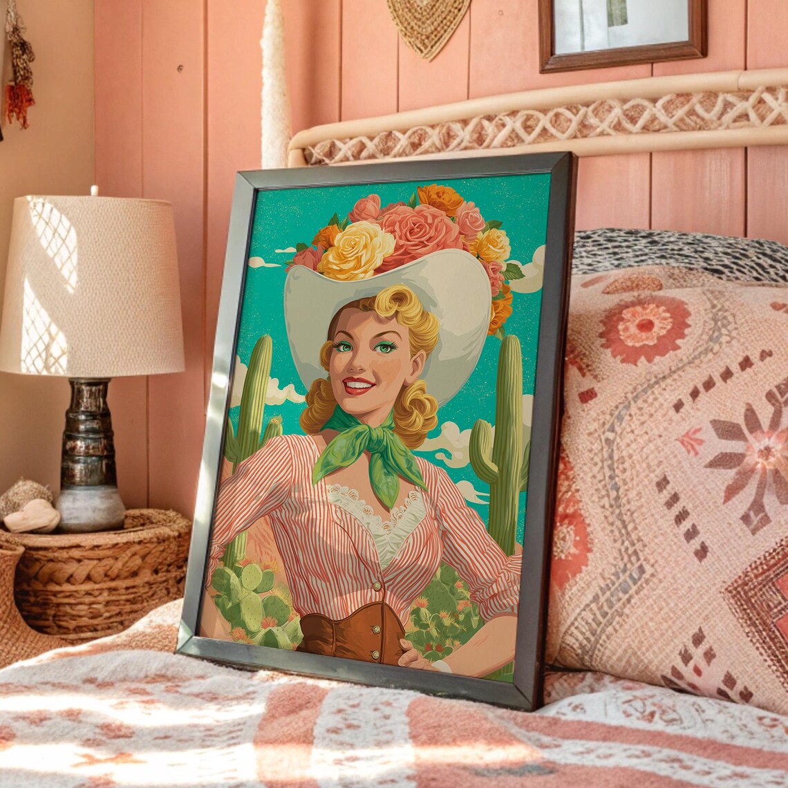 Retro Cowgirl With Flower Hat In Cactus Desert Pin Up Art Poster