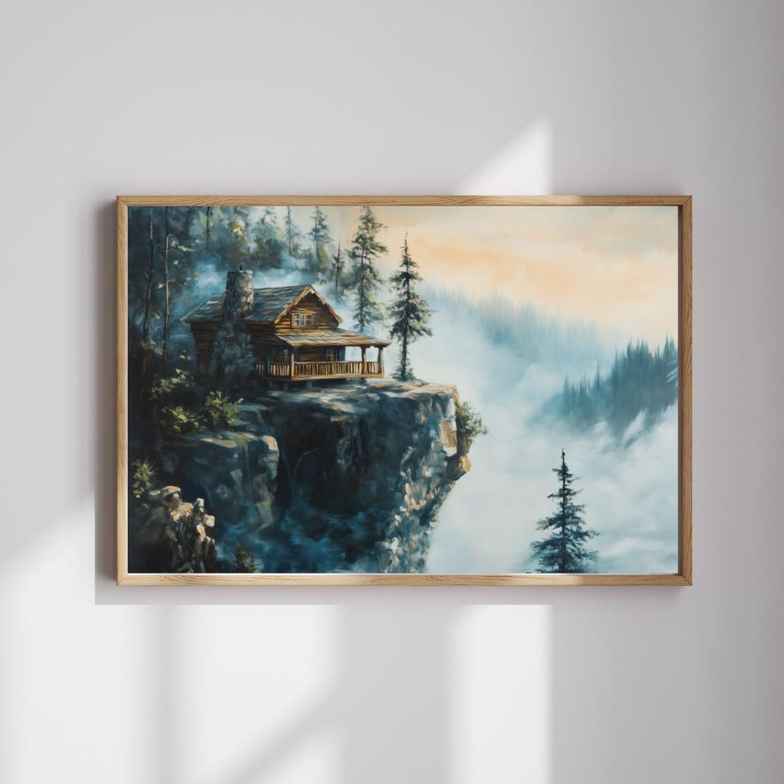 Edge Of Solitude Rustic Mountain Cabin Oil Painting Misty Forest Landscape Wall Art