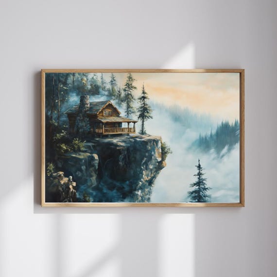Edge Of Solitude Rustic Mountain Cabin Oil Painting Misty Forest Landscape Wall Art