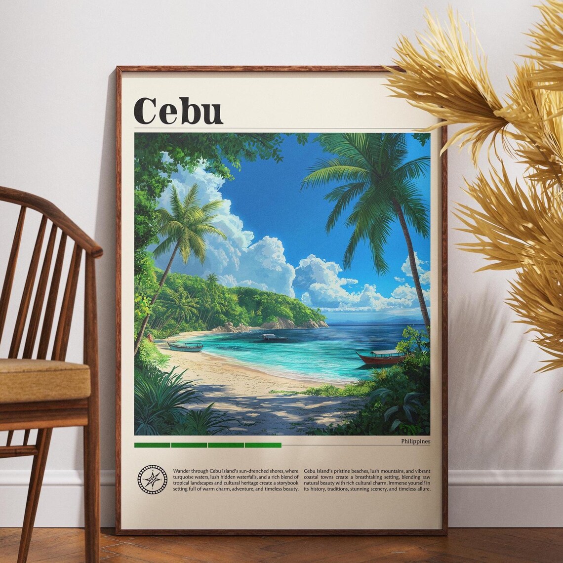 Cebu Philippines Travel Poster Tropical Beach Palms Turquoise Sea