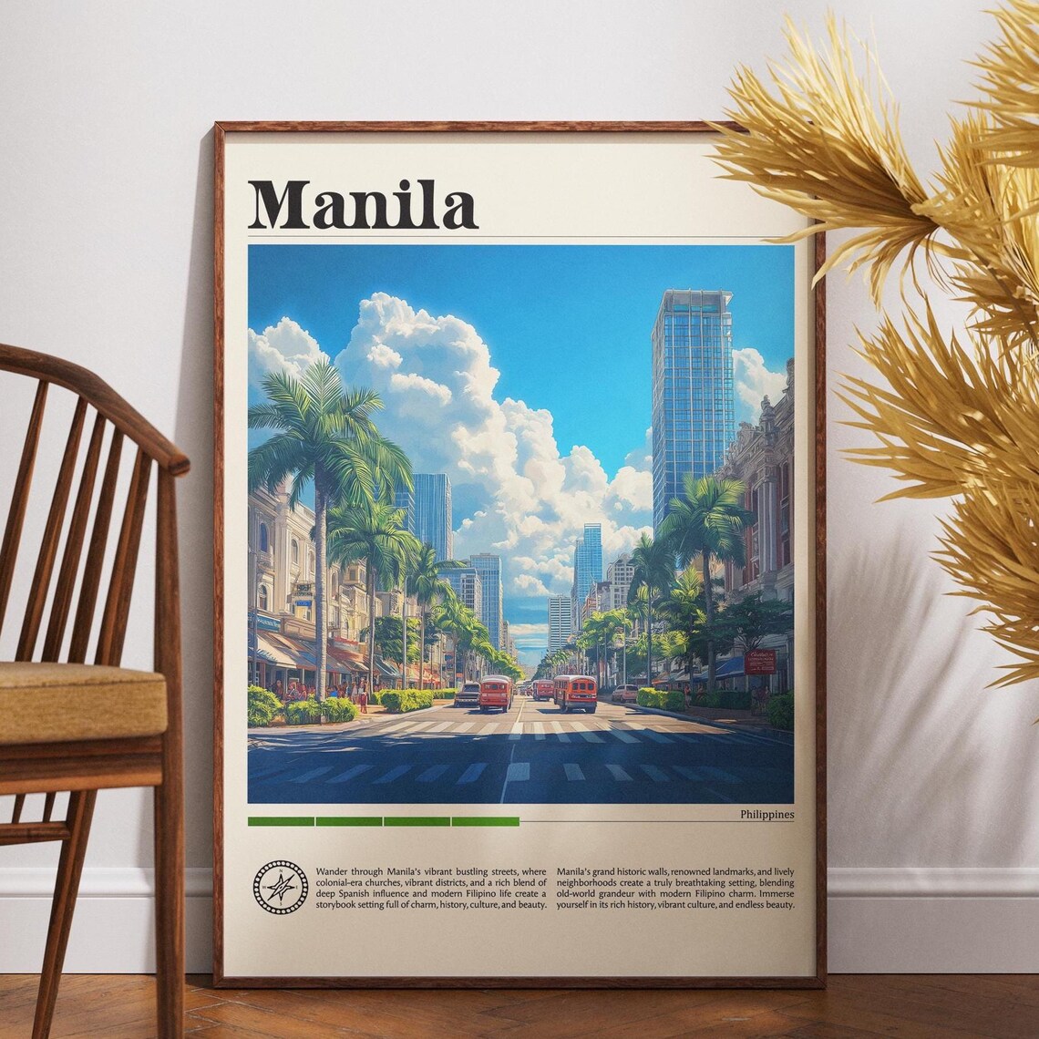 Manila Philippines Travel Poster Sunlit Palm Lined Street Scene