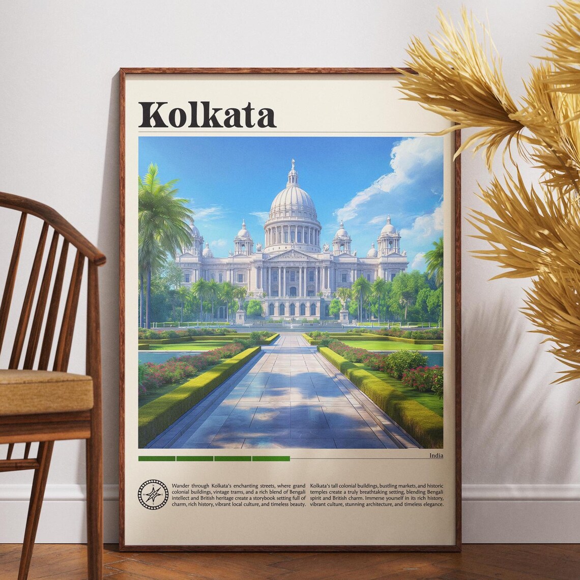 Kolkata India Travel Poster Grand Domed Palace Garden Landmark Art