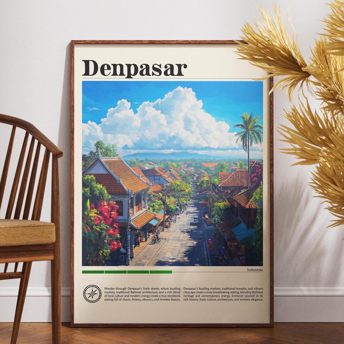 Denpasar Indonesia Balinese Street Rooftops Travel Art Poster