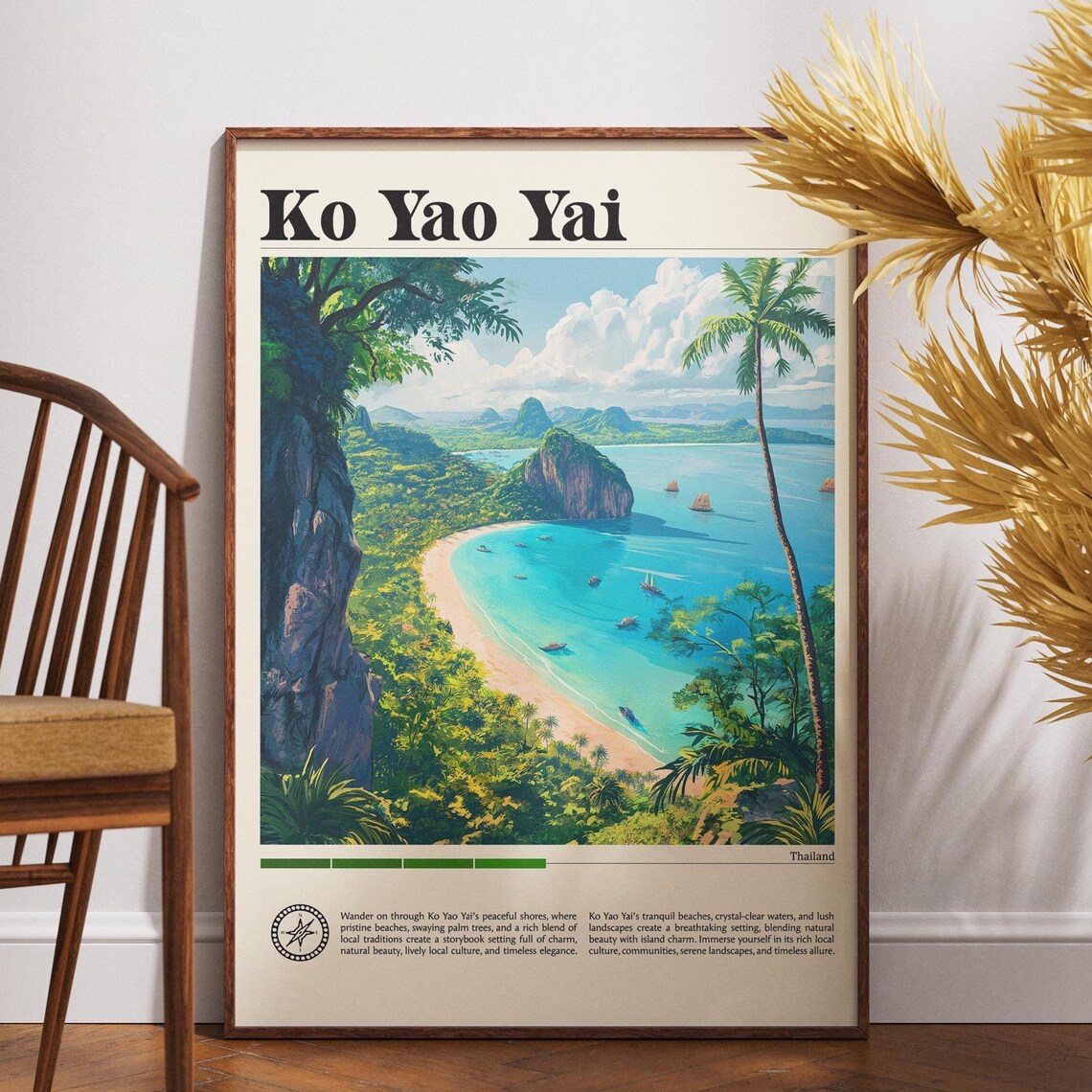Ko Yao Yai Thailand Island Bay Palm Trees Boats Retro Travel Poster