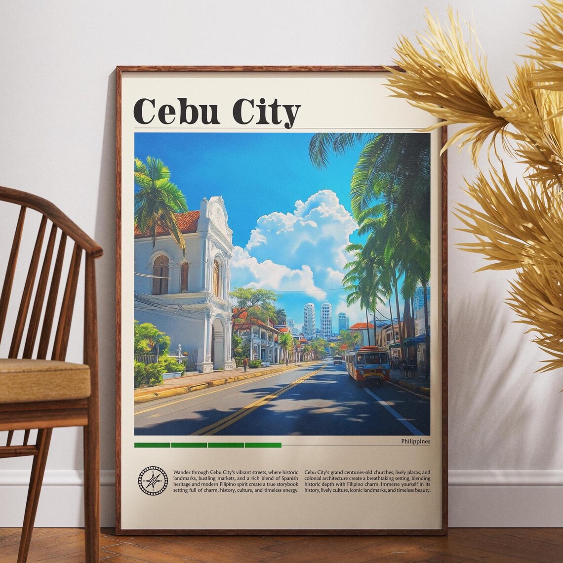 Cebu City Philippines Poster Colonial Street Palms Jeepney Travel Art