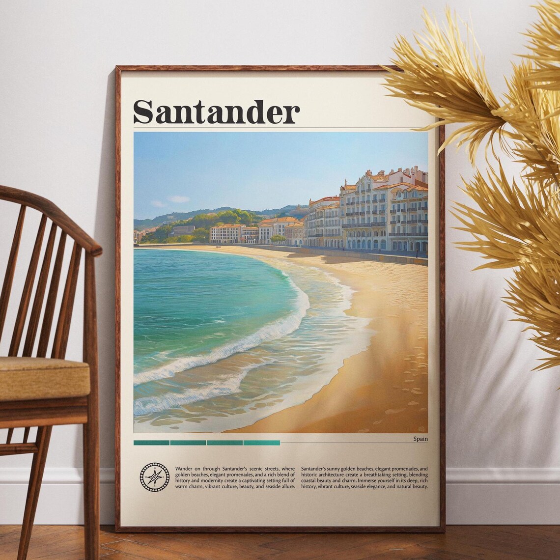 Santander Spain Golden Beach Elegant Waterfront Travel Poster