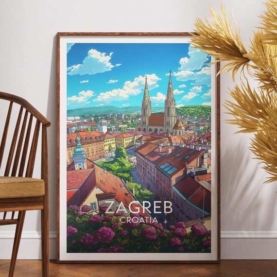 Zagreb Croatia Old Town Cathedral Rooftops City View Travel Art Poster