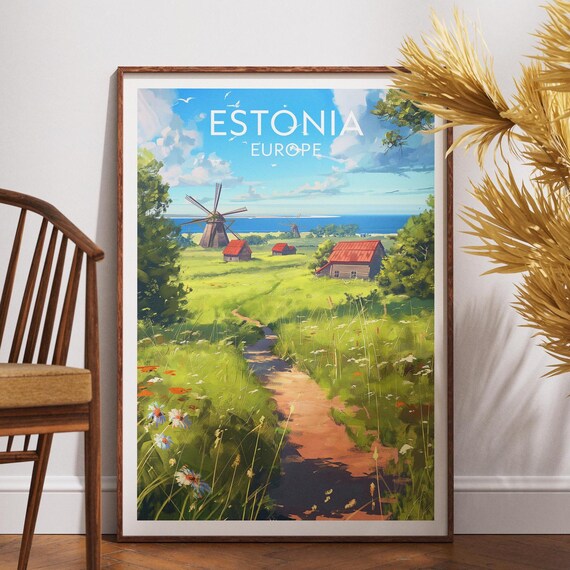 Estonia Europe Travel Poster Windmill Meadow Baltic Summer Landscape