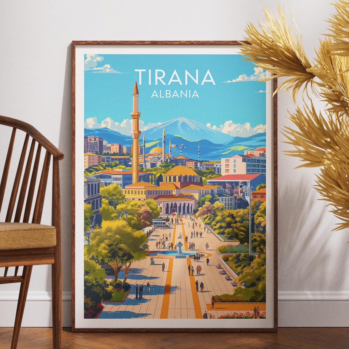 Tirana Albania Travel Poster Mountain City Square Vintage Art