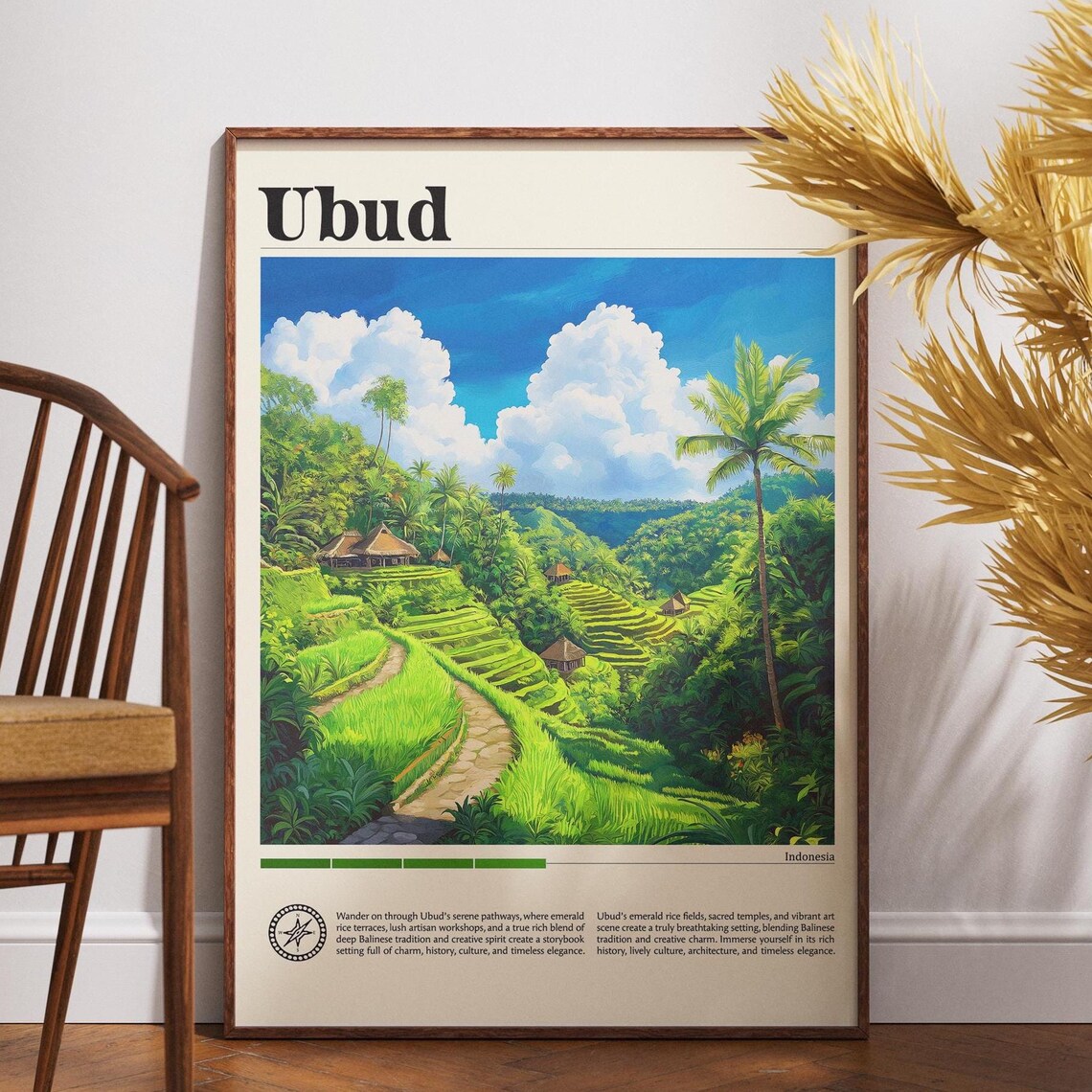 Ubud Bali Indonesia Emerald Rice Terraces Vintage Travel Poster