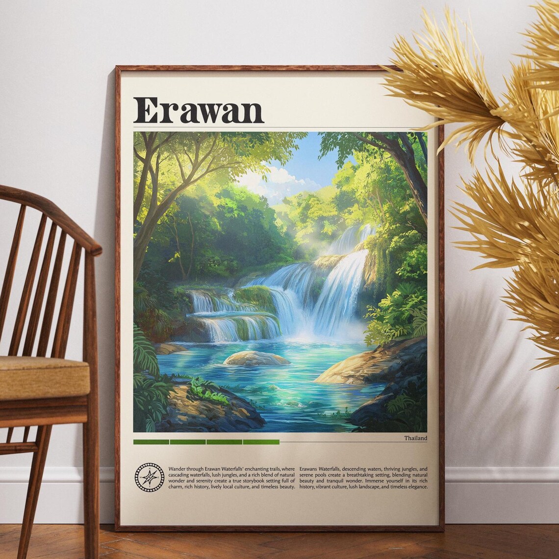 Erawan Thailand Jungle Waterfall Emerald Pools Retro Travel Poster