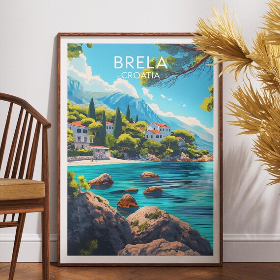 Brela Croatia Travel Poster Turquoise Sea Rocky Beach Pine Cove Art