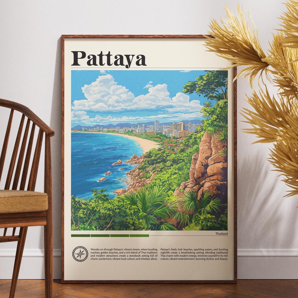 Pattaya Thailand Rocky Beach Bay Vintage Coastal Travel Poster