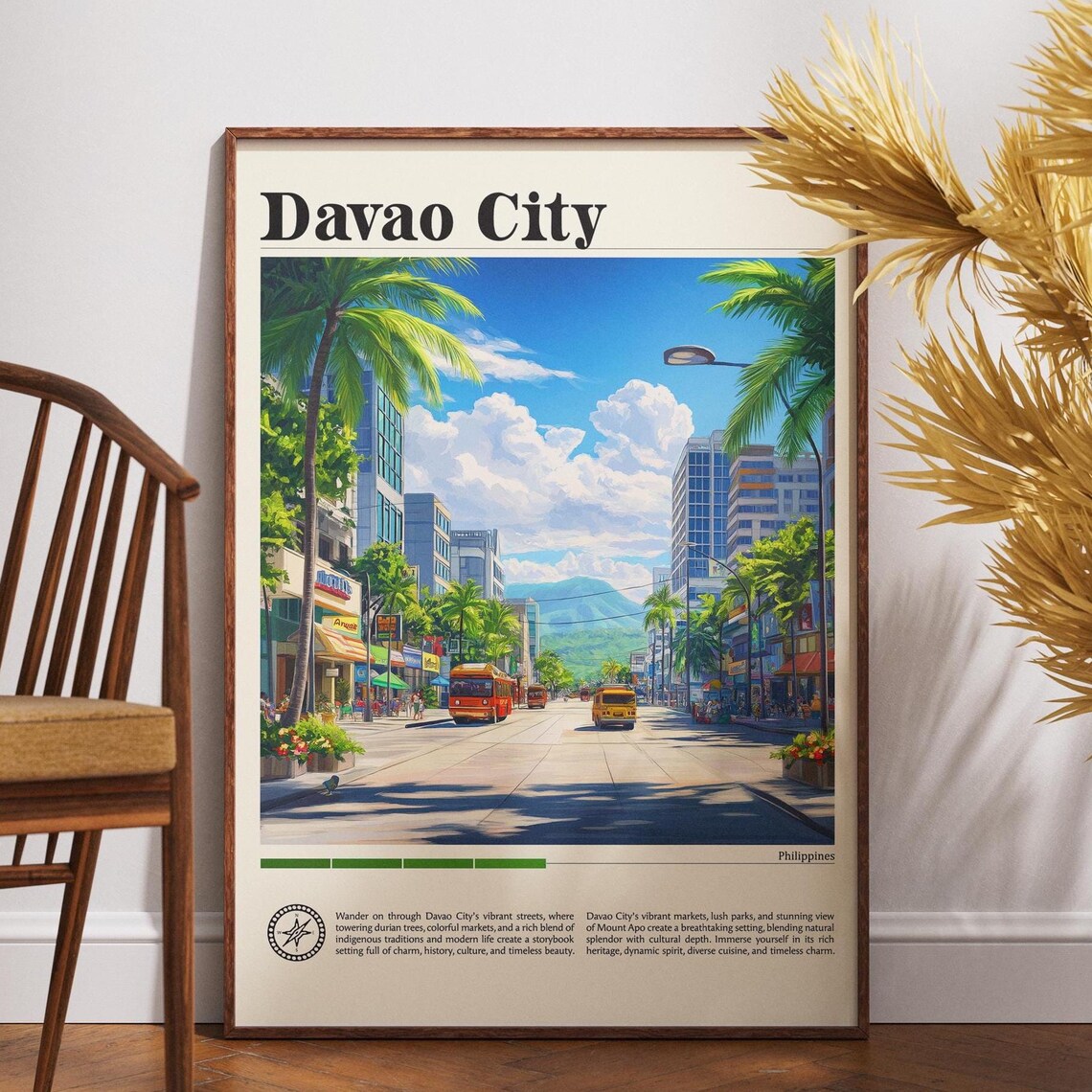 Davao City Philippines Palm Lined Street Anime Travel Poster Art