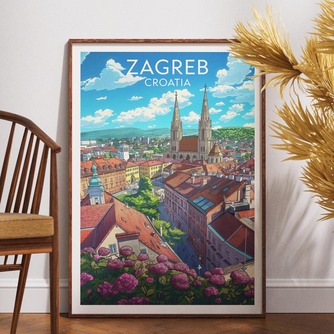 Zagreb Croatia Cathedral Twin Spires Red Roofs Retro Travel Poster